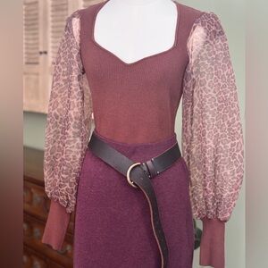 Dolan Rib Knit Brown Sweater Top with Animal Print Sleeves